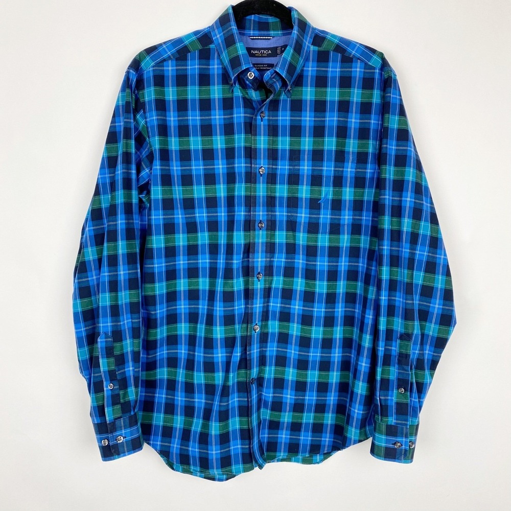 Nautica Classic Fit Plaid Wrinkle Resistant Button Down Shirt Mens M Blue Green - Picture 2 of 7